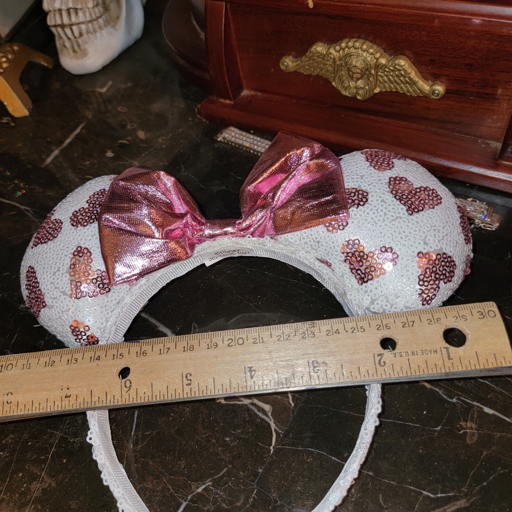 Pink white SEQUIN DISNEY Minnie mouse ears costume headband hearts Halloween